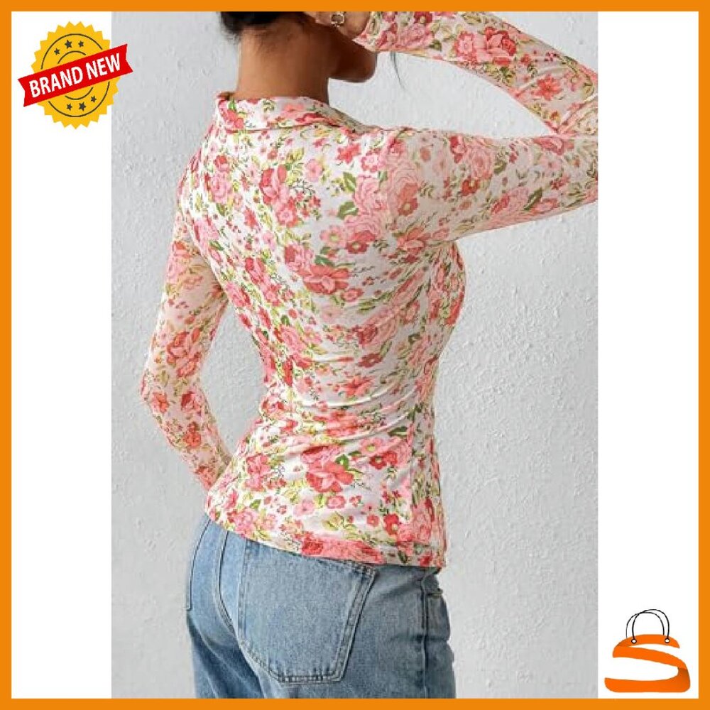 Long Sleeve Mesh Button Down Blouse V-Neck Boho Floral Top - Picture 6 of 8